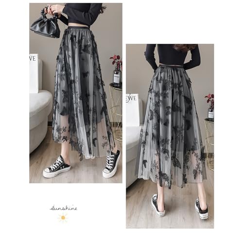 Women's Butterfly Double-Layer mesh midi Skirt Sheer Skirt Elastic high Waisted A-line midi Skirt4