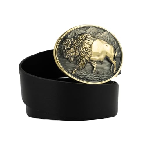 Leather Belt with Brass Buffalo Belt Buckle, Western American cowboy style belt, Wild West heritage bison large belt buckle heavy-duty belt