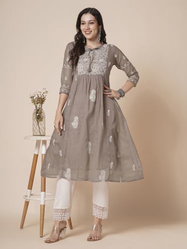 Image of RATAN Women's Muga Cotton Flared Lucknowi Chikankari Ethnic Wear Kurta