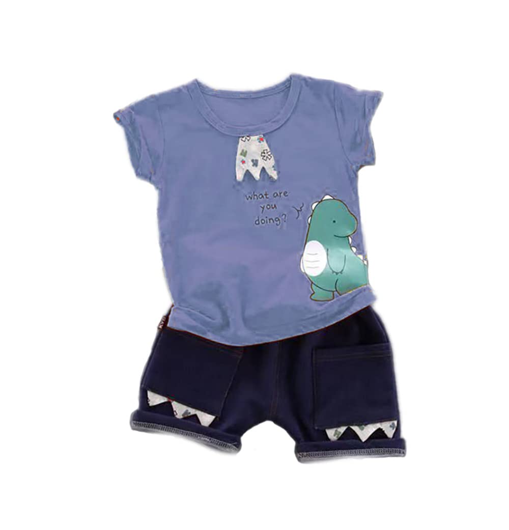 Bold N Elegant Cute Mom & Baby Dino Cartoon Text Print Half Sleeve Tee T-shirt with Denim Shorts Knicker Summer Clothes for Kids (Indigo Blue - Navy, 2-3 Years)