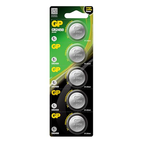GP CR2450 Batterie 3V Lithium | 5 Stück Knopfzellen CR2450 langlebig und auslaufsicher | CR 2450 Knopfzelle in kindersicherer Verpackung für OOONO CO-Driver NO1 Parkscheibe P-Disc und mehr