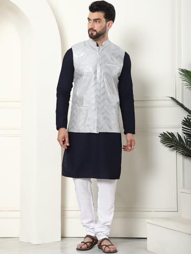 Image of SOJANYA (Since 1958 Men's Cotton Linen Maroon Kurta and White Pyjama with Mustard Cotton Nehru Jacket