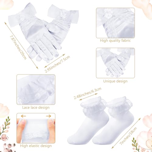 Funtery 6 Pcs Girls First Communion Veils Set White 1st Communion Flower Wreath Veil Headpiece Sock Necklace Bracelet Kid Wedding(Classical Style)3