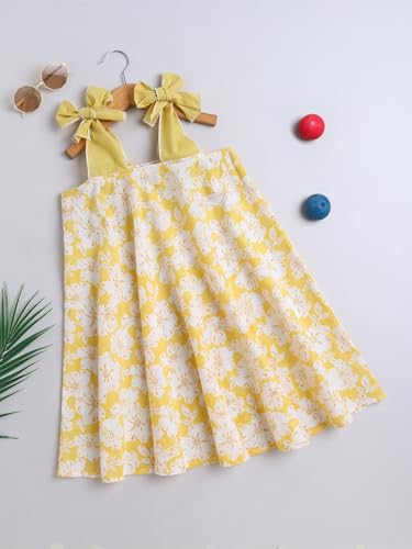 Image of The Magic Wand Kids Girls Printed Casual Dresses, Knee Length Singlet Strap Fit & Flared Cotton Once Piece Stylish Frocks for Summer Season
