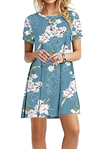 EFOFEI Damen Druckkleid Loses Kleid Sommer Mini Kurzes Kleid, L, Z-floral Hellblau