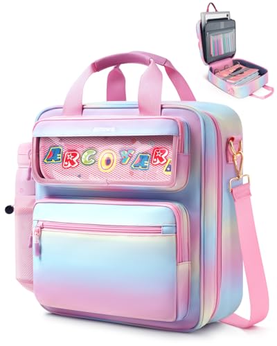 Fichário de zíper com 3 anéis com janela ITA, fichário de 7 cm com zíper para laptop de 35,5 cm, ombro 3 em 1, mochila/alça para 600 folhas com capacidade para escola e escritório – rosa azul