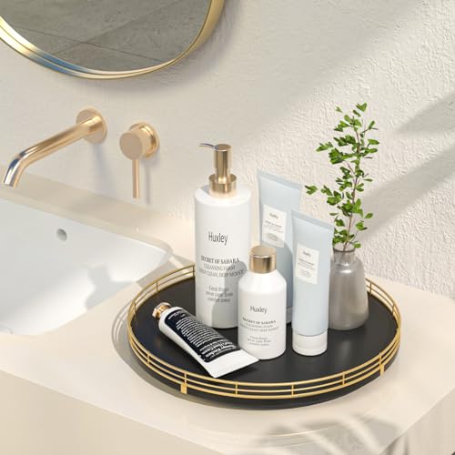 Image of 13 inch Oak Wood Bathroom Tray for Counter, Vanity Tray for Perfume Lotion Candle Makeup Jewelry Sink Soap Holder Turntable Dresser Organizer Countertop Coffee Table Decor Organization and Storage Gold