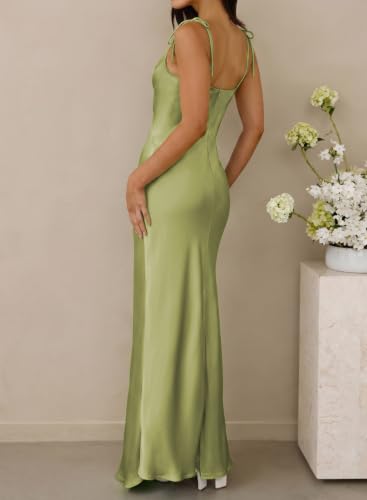 Image of 2026 Satin Cowl Neck Spaghetti Strap Maxi Dress for Women Bridesmaid
