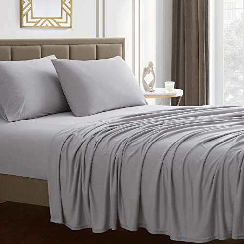 Image of Sweet Home Collection Jersey Knit Microfiber Bed Sheet Set - Premium Soft & Breathable Stretch Deep Pocket Knitted Jersey Sheet Set - Full, Silver
