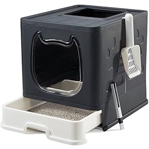 Vealind Caja de Arena para Gatos Plegable con Tapa Bandeja, Caja de Arena para Gatos de Entrada Superior con Tapa, Bandeja de Arena Incluye Cuchara y 2-1 Cepillo de Limpieza (Negro)