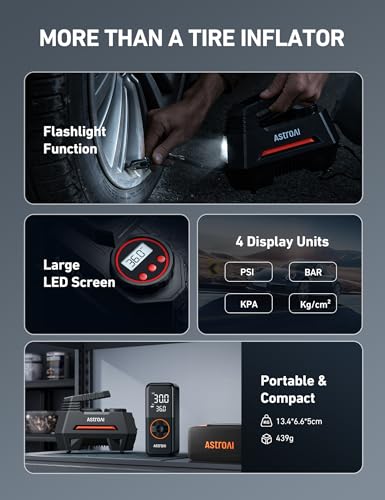 ASTROAI Tire Inflator, 12V DC Air Pump for Car Tires, 100PSI With LED Light for Bicycle, Balloons (Red)