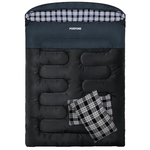 POEPORE Double Sleeping Bag Flannel for Adults with 2 Pillows 2 Person Sleeping Bags Camping XXL Queen Size Two Person Sleeping Bag for Cold Weather