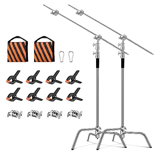SOONPHO 2-Pack C Stand 100% Heavy-Duty Stahl C Stativ Lampentständer C-Ständer 330cm Edelstahl mit 130cm Galgen Kit Grip Kopf Sandsäcke und Clips für Godox AD200 Pro SK400II Aputure 120D(Silber)