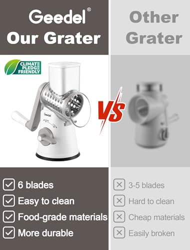 Image of Geedel Rotary Cheese Grater Vegetable Shredder With 6 Interchangeable Blades No Slip Suction Base, Mandoline Slicer & Food Chopper for Cheese, Ice, Nuts, Vegetables, Veggie