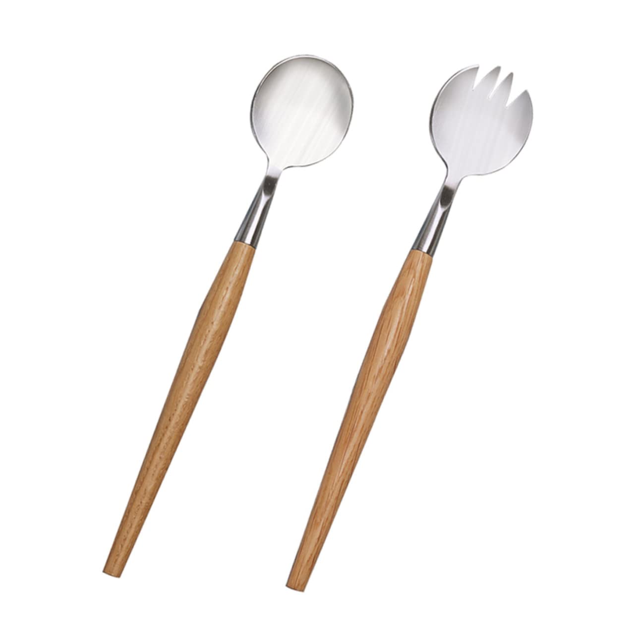 Ciieeo 2pcs Stainless Steel Salad Servers Set with Wooden Handles Comfortable Fruit Cutlery Kit for Easy Tossing and Serving Tableware for Picnics Lunches and Everyday Meals