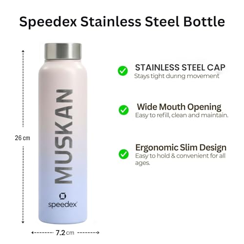 Image of Speedex Customised Engraved Name Stainless Steel Water Bottle 1 Ltr - Personalised Screw Cap Bottle for Kids, Men & Women, School, Office, Gym, Pink Blue, Set of 1