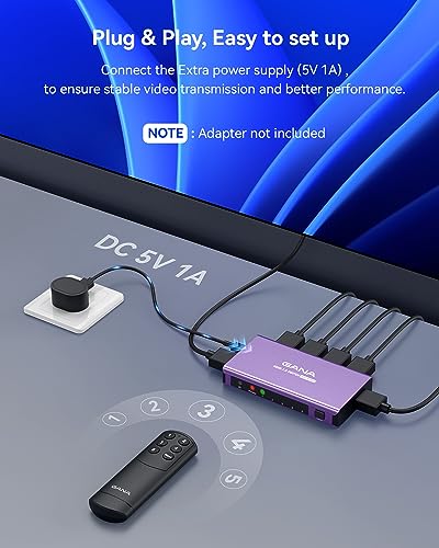 Image of HDMI Switch 5 in 1 Out 4K@60Hz, GANA HDMI Splitter Switcher with Remote, Aluminum HDMI 2.0 Switch Box Hub for 3D, HDCP2.2, HDR, Compatible with Xbox, PS5 /4 /3,Fire Stick,Roku,Blu-Ray Player, Purple