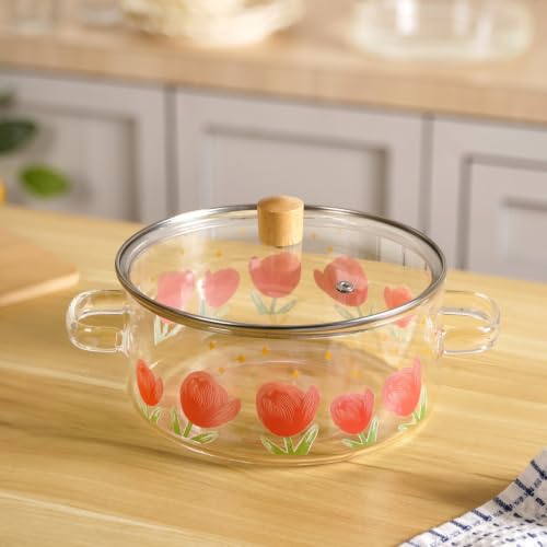 Image of Nestasia Glass Cooking Pot with Lid on Gas Stove (2.5L) - Tulip Printed Glass Casserole with Steam Vent for Cooking | Microwave & Dishwasher Safe, Lightweight & Durable Borosilicate Cookware
