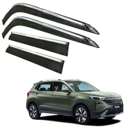 Image of CAR SAAZ Side Door Visors for Kushaq (2026-Present) (Set of 6 Pcs) | Chrome Lined Rain Guards, Polycarbonate, Smoke Finish