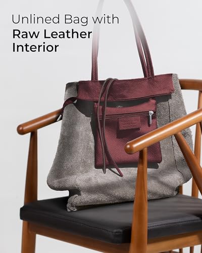 Image of Genuine Italian Leather Tote Bag for Women, Large Slouchy Purse, Burgundy | Unstructured bag, raw unlined interior with zip pocket, top zipper, side ties, folds flat, fits a 16-inch laptop, lightweight