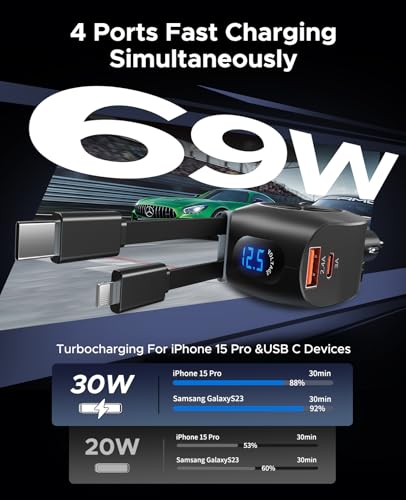 Retractable Car Charger, KOOPAO 69W 4 in 1 Fast Phone Car Charging Adapter, Multi USB C PD - image 2