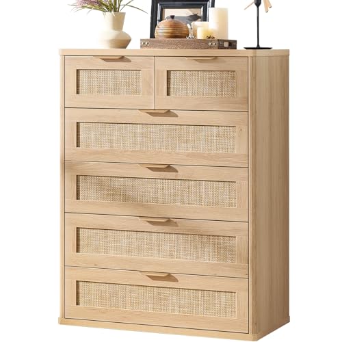 LEYAOYAO Rattan Dresser for Bedroom, 42" Tall Chest of Drawers, Modern 6 Drawers Boho Dressers with Storage, Light Oak Dresser Wooden Closet Organizer for Living Room, Hallway, Natural Wood