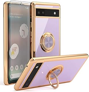 YIRSUR Case Compatible with Google Pixel 6a 6.1", with 2 Screen Protector, with Ring Holder Plating Rose Gold Edge 360° Kickstand Cover Slim Soft Flexible TPU Protective Phone Cases -Purple