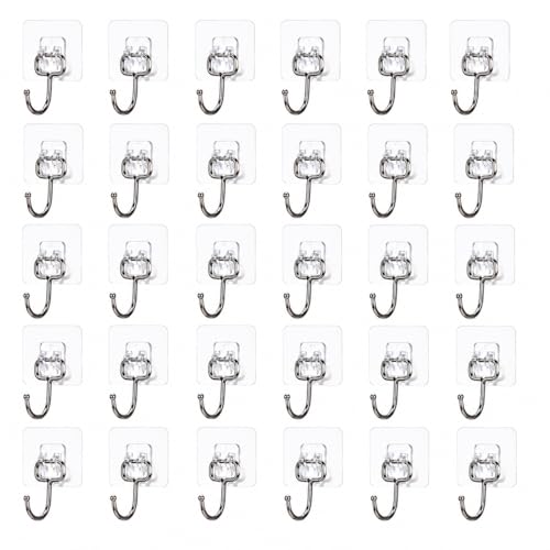 GLORIAL STAR Big Size Transparent Adhesive Wall Hooks (30 PCS) | Heavy Duty Stainless Steel Self Adhesive Hooks No Drill | Waterproof Wall Hooks for Bathroom Kitchen Towels Utensils Keys
