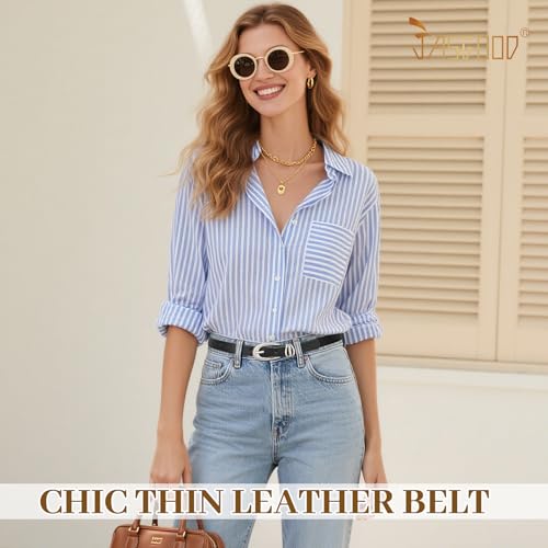 JASGOOD Women Leather Belt for Jeans Pants Fashion Skinny Waist Belt Ladies Thin Dress Belt with Gold Buckle2