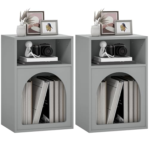 HOMCOM Lot de 2 Tables de Chevet, Table de Nuit avec Compartiments Ouverts, Design arqué, Chevet de lit pour Chambre à Coucher, Salon, 40 x 30 x 60 cm, Gris