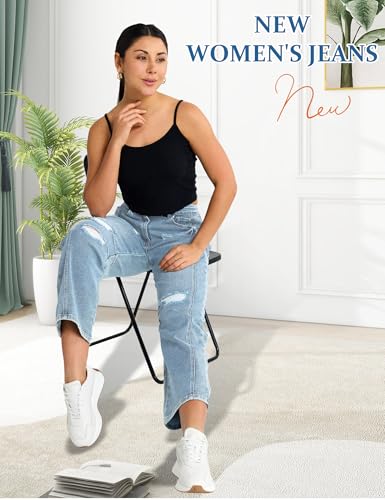 Barrel Jeans Women Stretchy Fabric & Ripped Style Wide Leg Ankle Pants, Suit for Midsize Woman Everyday Casual4