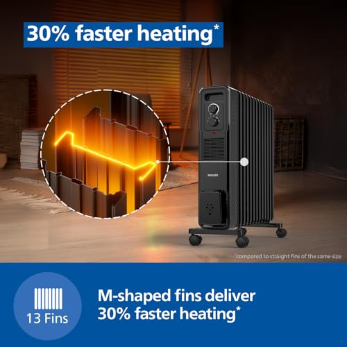 Image of Philips 13 Fin Oil Filled Room Heater (OFR) | New M-Shaped Heating Fins for 30% Faster Heating | 5 Heat Settings | Tilt & Auto Shut-Off Protection | PTC Fan Heater for Instant Warmth | New Launch