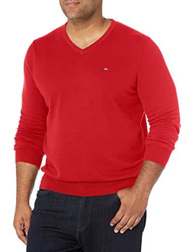 Tommy Hilfiger Mens Cotton V Neck Sweater, Haute Red, Large US