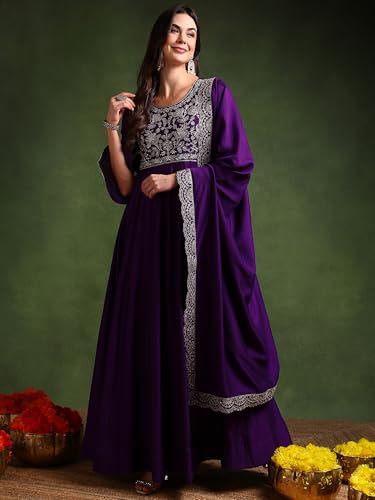 Image of Vaamsi Women's Solid Anarkali Embroidered Kurta With Dupatta