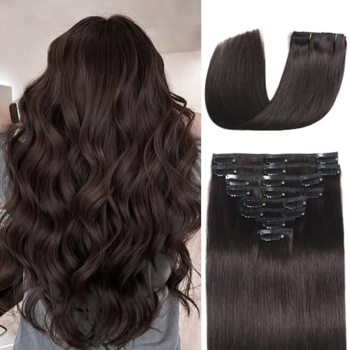 Image of Clip in Hair Extensions Real Human Hair Dark Brown Hair Extensions 16inch | Volume, Seamless Invisible, Human Hair Clip in Extensions, Clip Ins,Silky, Double Weft, 8PCS, 90g, Straight, No Shedding