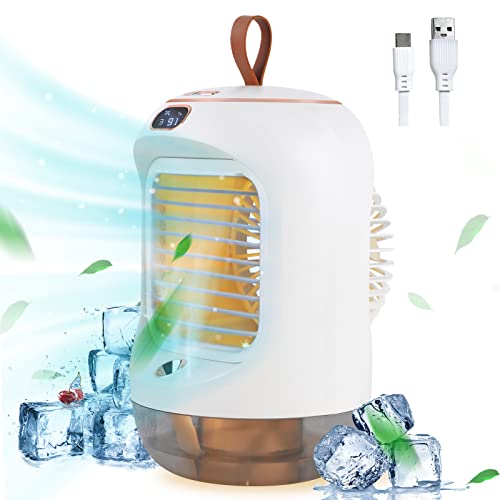 Image of 3 IN 1 Portable Air Conditioner - Sprayable Misting Humidification Cooling Fan,3600mAh USB Rechargeable, 3 Speeds and 90 Degree Pivoting Head with Night Light - Quiet Tabletop Fan for Home, Bedroom