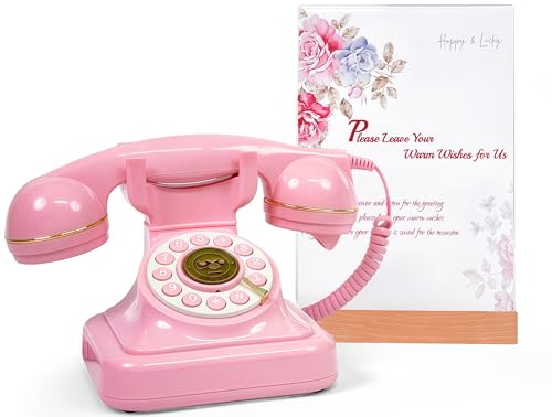 RetroVox Audio Guest Book Wedding Phone Guestbook and Signage Guest Audio Message Book Vintage Style for Wedding Reception Bridal Shower Baby ShowerPink & Sign Holder A