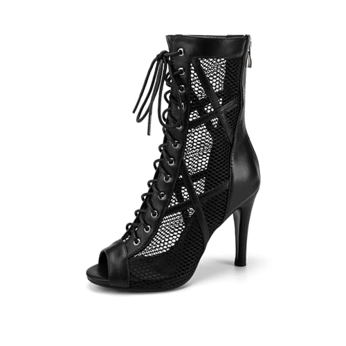 DKZSYIM Open Toe Dance Boots Women Latin Salsa Ballroom Lace-up Dance Shoes,Model K99X