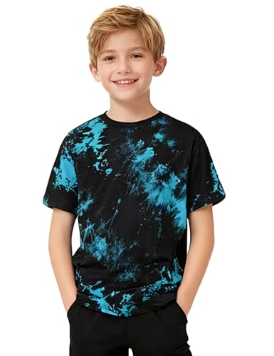 NUMYEAN Boys Tie Dye Shirt Cotton Short Sleeve Tshirts for Boys Summer Tops Kids Clothes Blue Black 11-12 Y