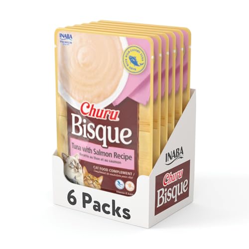 INABA Churu Bisque Lickable Treats for Cats, Creamy Purée Bisque with Vitamin E & Green Tea Extract, 1.4 Ounces per Pouch, 6 Pouches Total, Tuna with Salmon Recipe