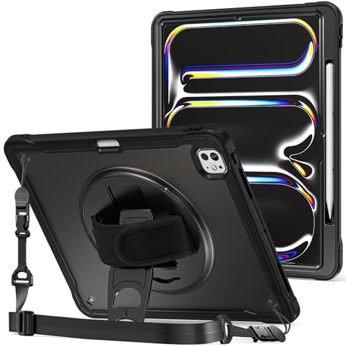 ProCase Rugged Case for iPad Pro 13 Inch 2025 (M5) / 2024 (M4) with Pencil Hold, Heavy Duty Shockproof Rugged Cover with Hand Strap 360 Degree Rotatable Kickstand Protective for iPad Pro 13' -Black