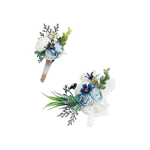 Ansofi Dusty Blue Corsage and Boutonniere Set Artificial Light Blue Rose Flower Wrist Corsage and Boutineers for Groom Groomsmen Bride Bridesmaids Prom Rustic Vintage Wedding Decor Cover