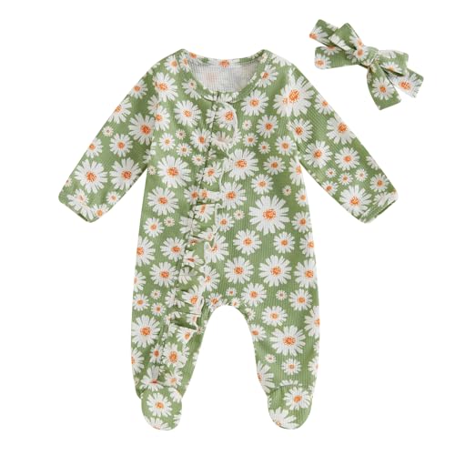 Image of Newborn Baby Girl Clothes Fall Winter Long Sleeve Footie Romper Waffle Ruffle Zipper Jumpsuit Coming Home Outfit