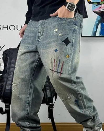 Men’S Fashion Streetwear Skinny Fit Ragged Patch Embroidery Ripped Distressed Denim Pants Button Fly Print Trousers4