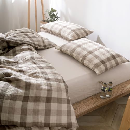Image of VM VOUGEMARKET King Duvet Cover Set Beige Grey Plaid Bedding Set Soft Breathable 3 Layers Muslin Cotton Linen Like Gauze Comforter Cover with Zipper Closure-3 Pieces,104 inchx90 inch