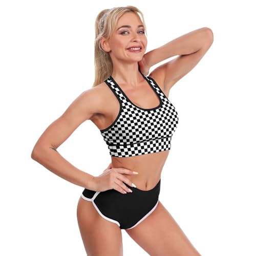 Msokazzles Black White Race Checkered Flag Sports Bras For Women Longline Padded Workout Tank Tops Support Yoga Crop Tops For Women M thumb #3