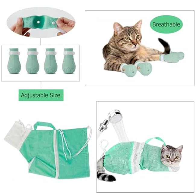 Hetenoyo 4 Pcs Anti-Scratch Silicone Cat Shoes and Cat Grooming Mesh Bag, Cat Claw Covers, Adjustable Multifunctional Anti-Bite Shower net Bag for Nail Trimming Bathing Home Pet Hospital Barbering-SsnmLqpf