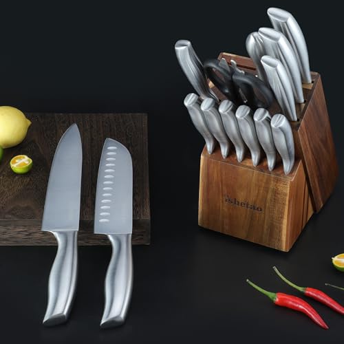 Knife Sets for Kitchen with Block, 15 Piece Kitchen Knife Set, Ultra Sharp Chef Knife Set for Kitchen, High Carbon Stainless Steel Knife Block Set with Sharpener, Silver