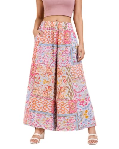 Image of Viscose Rayon Flared Printed Plazzo Palazzo Pants, Loose /Relaxed Fit Regular, Office Wear, Casual Wear Comfortable, Trouser Pants for Girls & Women Black Kerri Design (S to 3XL Size)