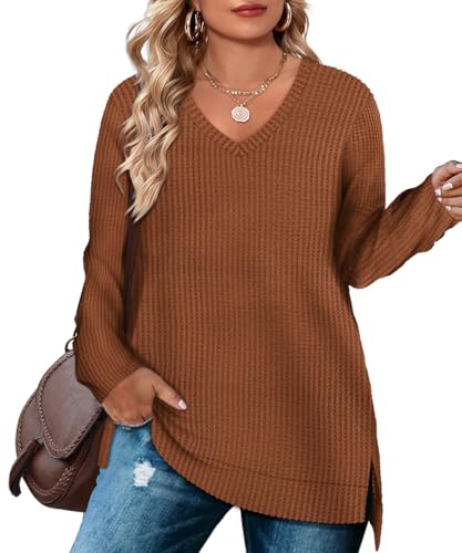 Image of RITERA Plus Size Women Sweaters Waffle Knit Pullover Top Long Sleeve Casual Crewneck Shirt Loose Split Hem Fall Winter Blouse